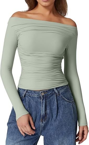 Damen Schulterfreies tailliertes Stretch-Longsleeve mit Raffung und figurbetonter Silhouette Drune