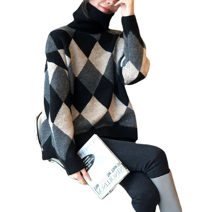 Damen Gemusterter Pullover mit hohem Kragen Drune