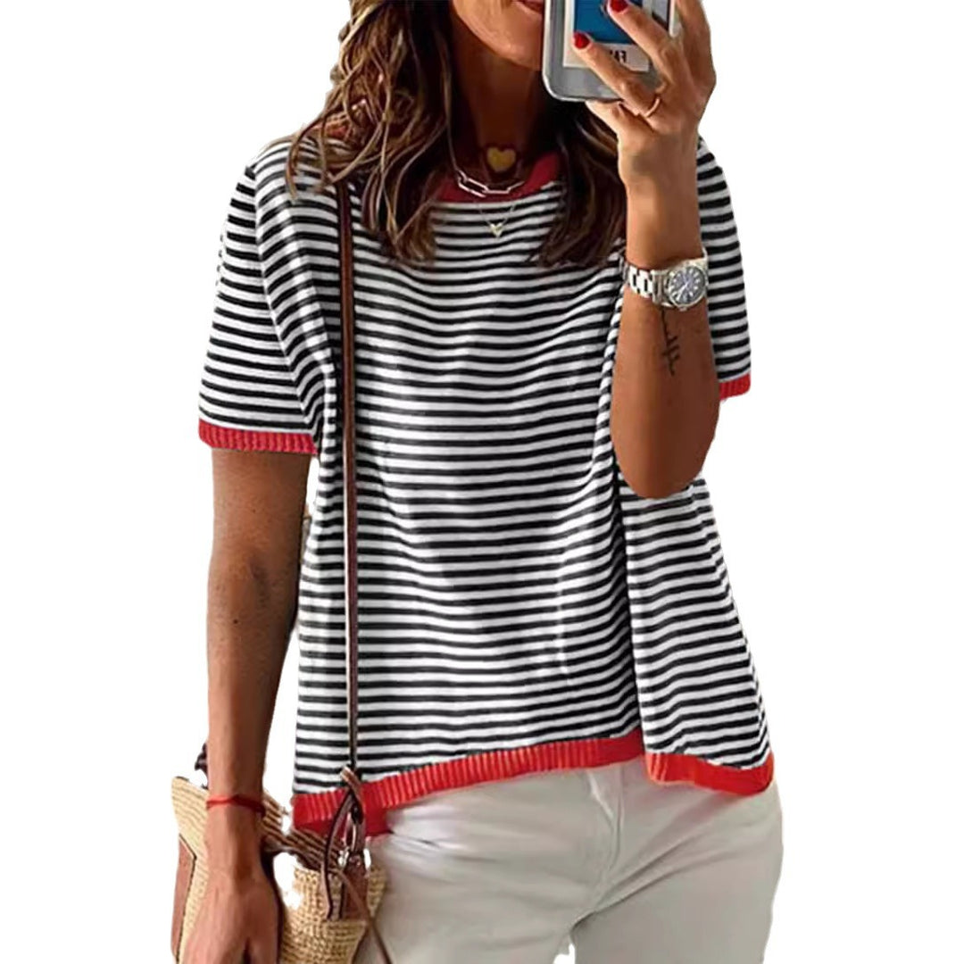 Damen gestreiftes Kurzarmshirt mit kontrastierenden Bündchen und weichem Material Drune