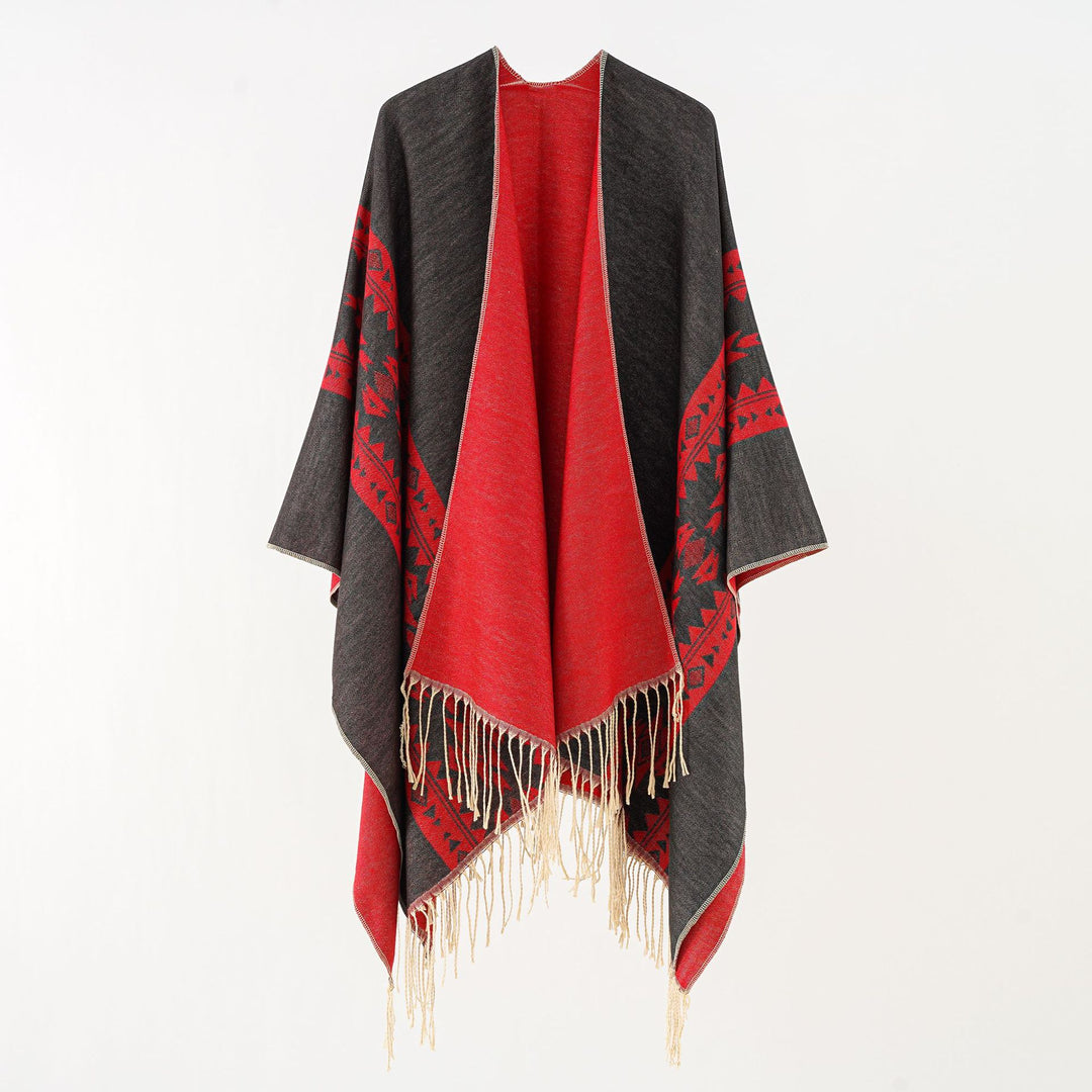 Damen Oversize Fransen-Poncho aus Jacquard-Baumwollmischung Drune