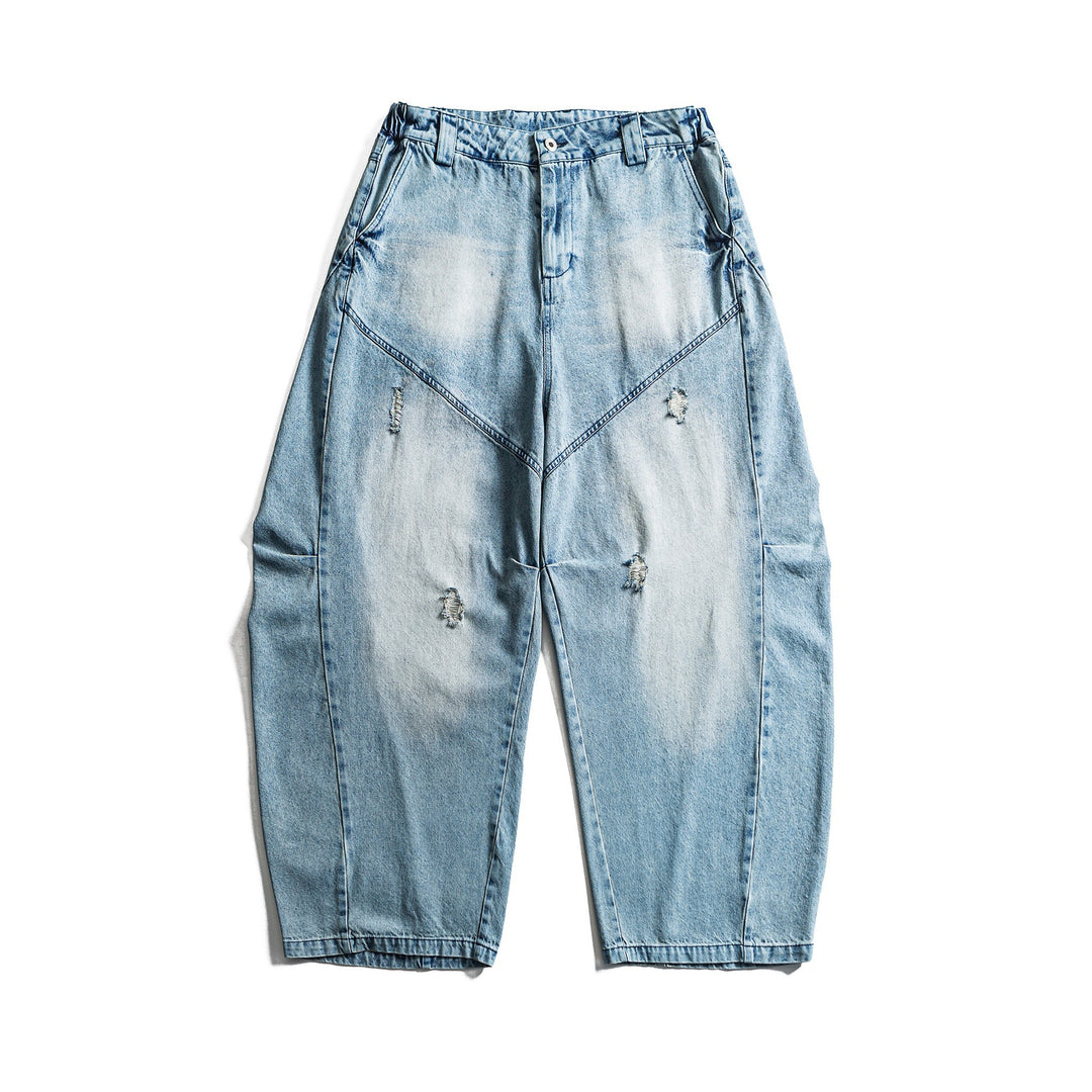 Damen hochgeschnittene weite Denim‑Culotte mit Cargotaschen, Used‑Effekt und elastischem Saum Drune