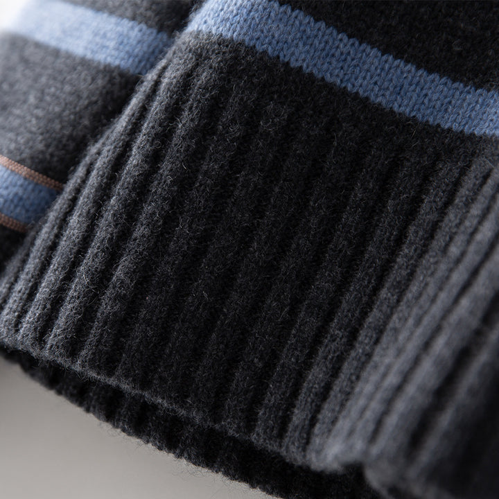 Damen Gestreifter Feinstrick-Pullover mit halbhohem Rippkragen und geripptem Saum Drune
