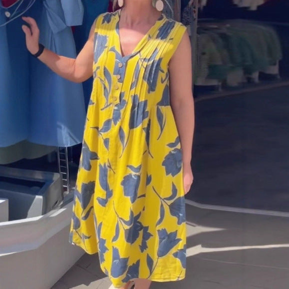 Damen nan ärmelloses A-Linien-Midikleid mit V-Ausschnitt, Brustfalten, Knopfleiste und großem Blumenprint Drune