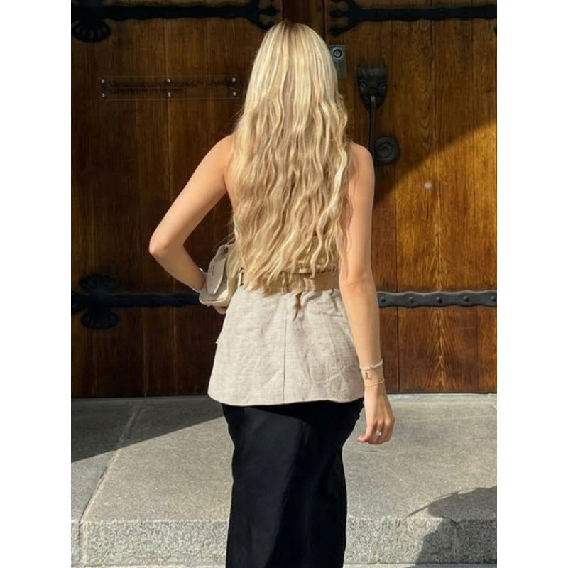 Damen ärmellose Blazer mit Bindegürtel und hoher Taillierung Drune