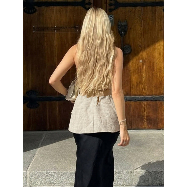 Damen ärmellose Blazer mit Bindegürtel und hoher Taillierung Drune