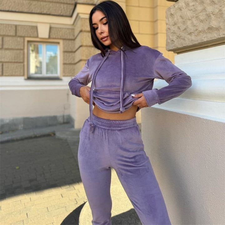 Damen weiches Velours-Lounge-Set mit Kapuzenpullover und tapered Jogginghose Drune