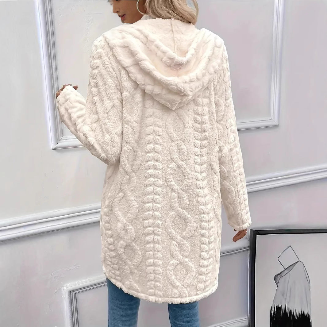 Damen Plüschjacke mit Kapuze und Knopfverschluss Drune