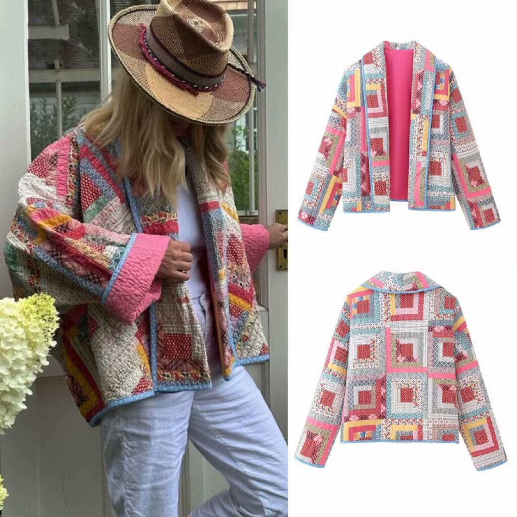 Damen nan gesteppte Patchwork-Kimonojacke mit glänzendem Satinfutter und weitem Schalkragen Drune