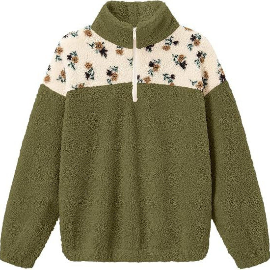 Damen Teddy-Fleece-Pullover mit Stehkragen, floralem Besatz und halbem Reißverschluss Drune