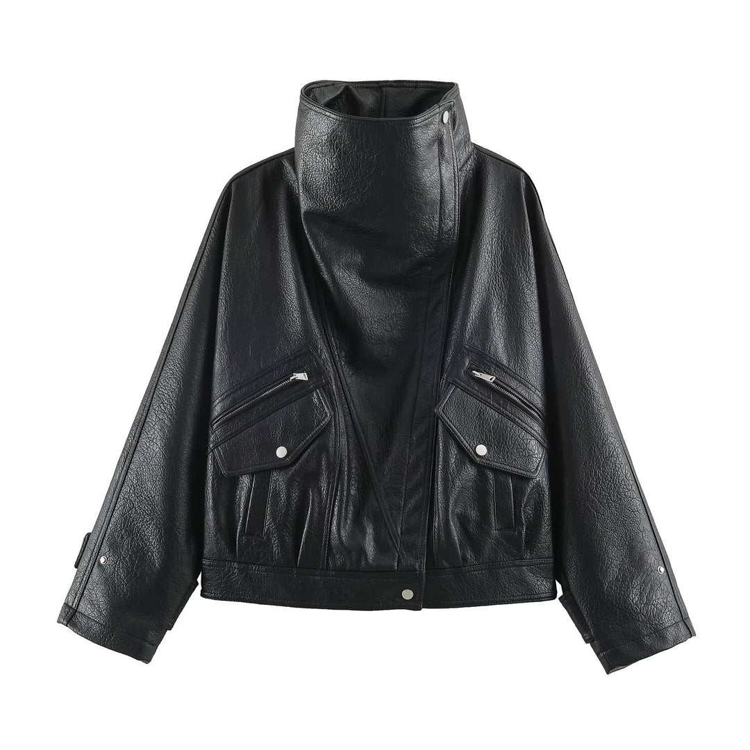 Damen Oversized Kunstleder-Capejacke mit hohem Stehkragen und Pattentaschen Drune