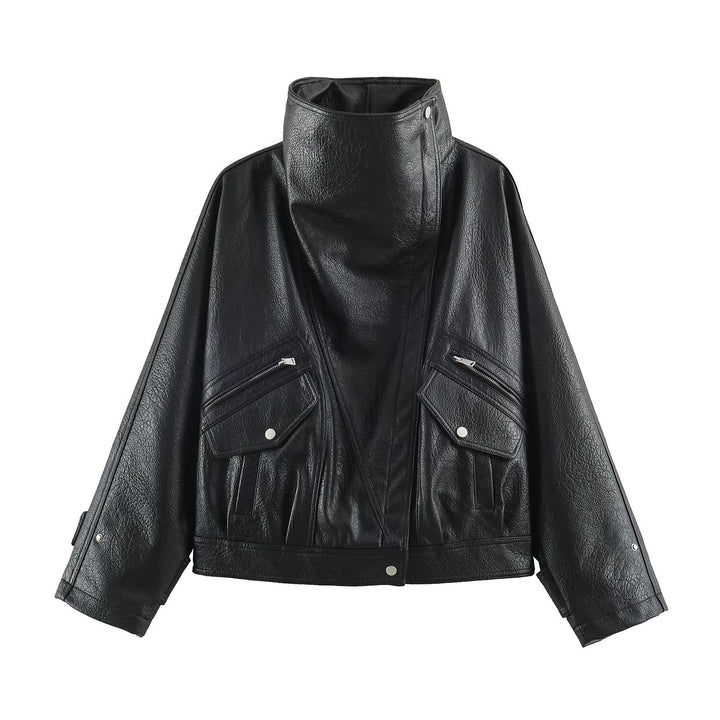 Damen Oversized Kunstleder-Capejacke mit hohem Stehkragen und Pattentaschen Drune