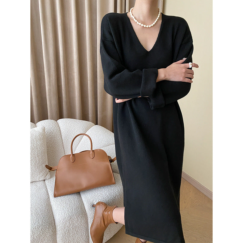 Damen lässiges Strickkleid mit V-Ausschnitt und eleganten Ärmelaufschlägen Drune