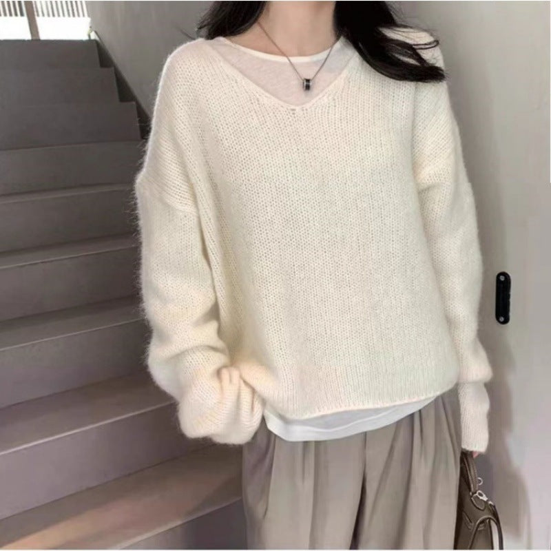 Damen Oversize V‑Ausschnitt Mohair‑Look Pullover mit Angora‑Optik und überschnittener Schulter Drune