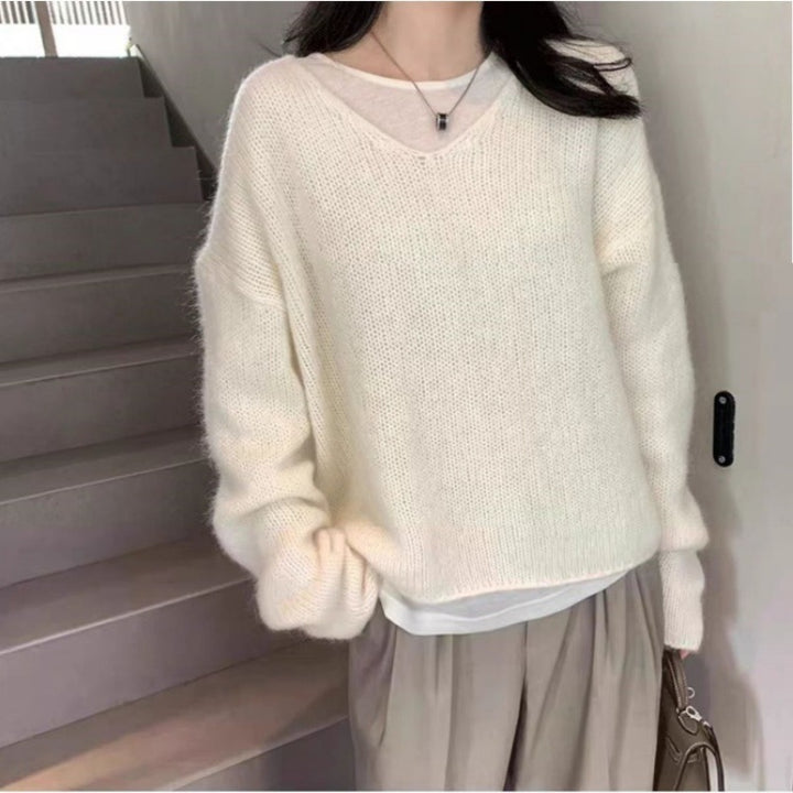 Damen Oversize V‑Ausschnitt Mohair‑Look Pullover mit Angora‑Optik und überschnittener Schulter Drune
