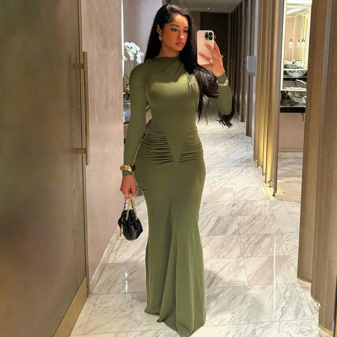 Damen Elegantes Maxikleid mit Raffungen und langem Arm Drune