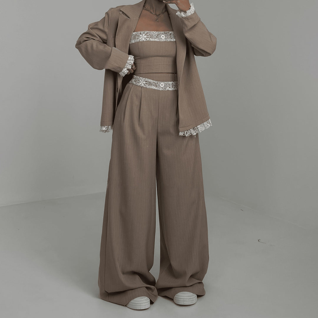Damen Elegantes Zweiteiliges Set mit Spitzen-Details Drune