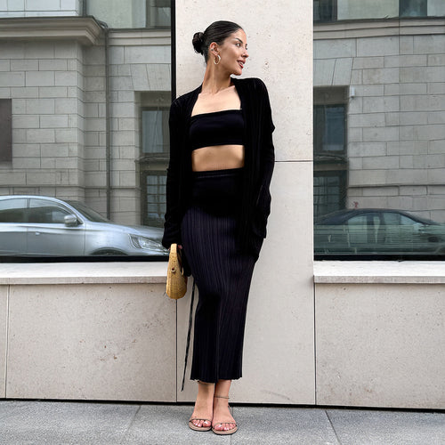 Damen Elegantes Strick-Ensemble mit Crop-Top und Maxirock Drune