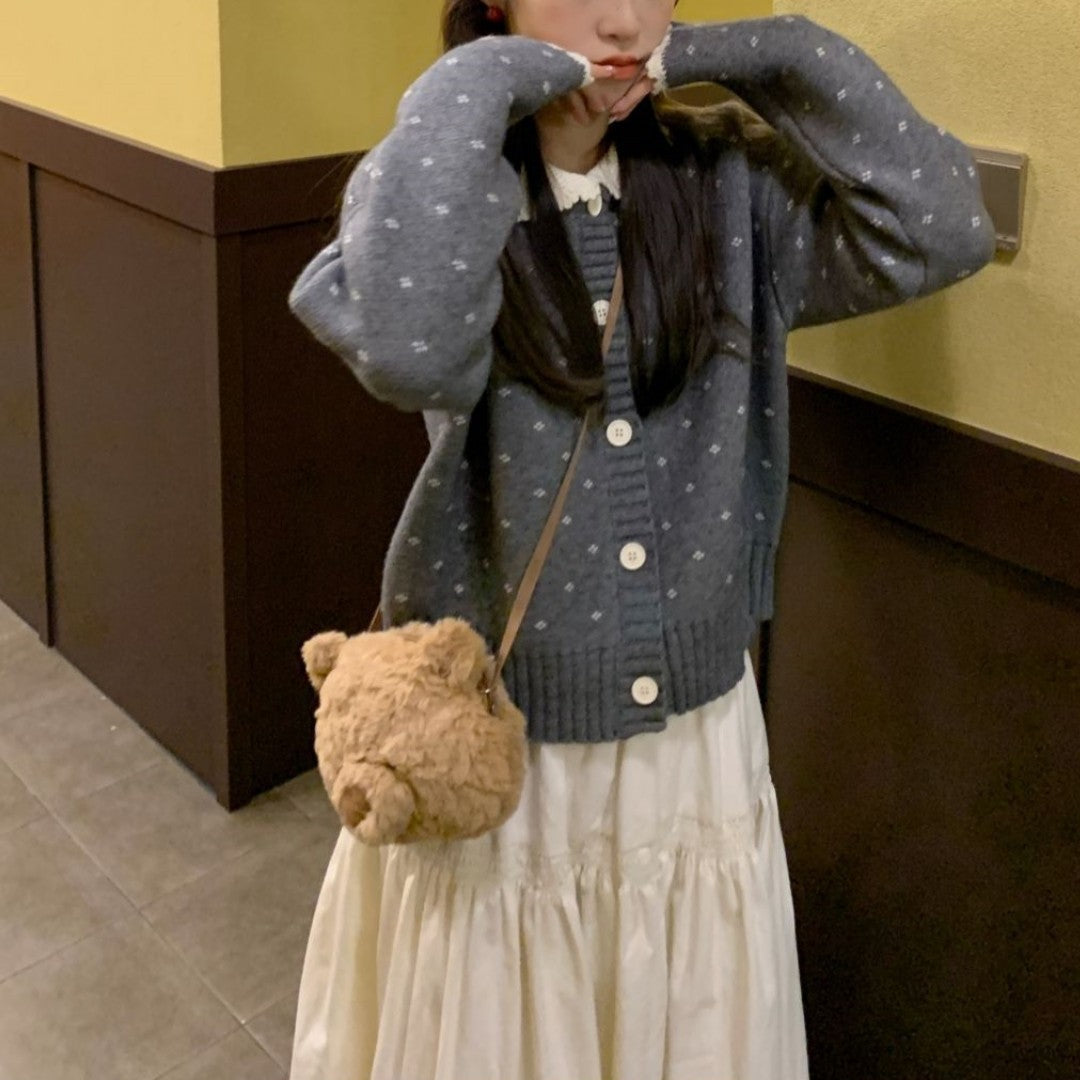 Damen Strickjacke mit Rüschenkragen und Knopfdetails Drune