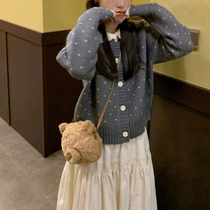 Damen Strickjacke mit Rüschenkragen und Knopfdetails Drune