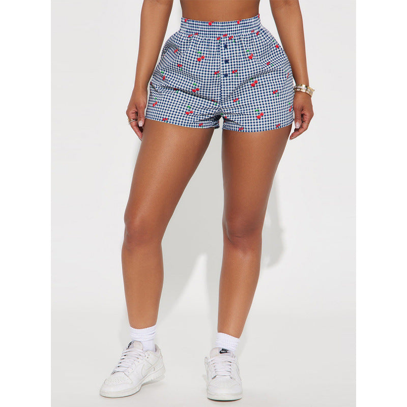 Damen Shorts mit fröhlichem Karomuster und verspieltem Fruchtprint Drune