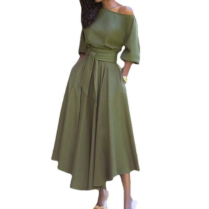 Damen elegantes Midi-Kleid mit schulterfreiem Design und Taillengürtel Drune