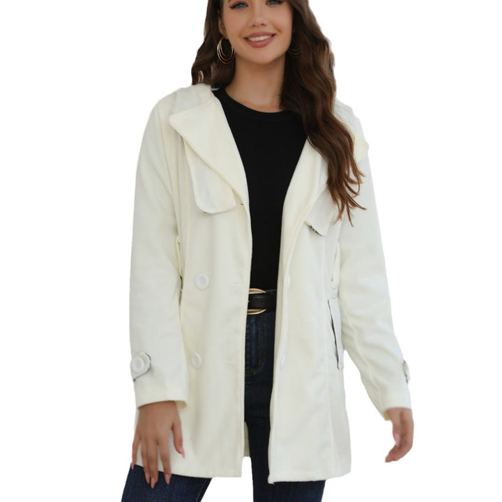 Damen Doppelreihiger Trenchcoat mit Kapuze, Taillengürtel & breitem Revers Drune