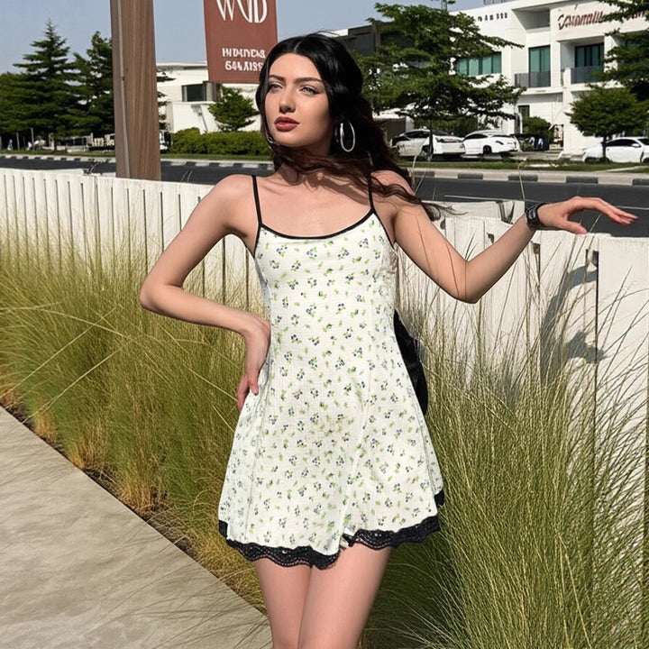 Damen Sommerliches Spaghetti-Trägerkleid mit floralen Mustern und Spitzenbesatz Drune