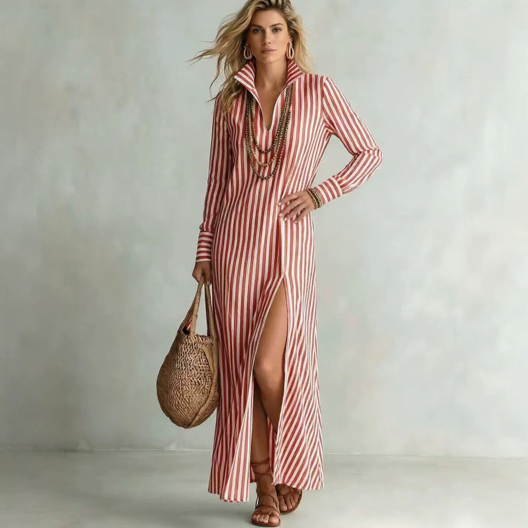 Damen Langes Hemdkleid im Streifen-Look mit Kragen, langen Ärmeln und hohem Beinschlitz Drune