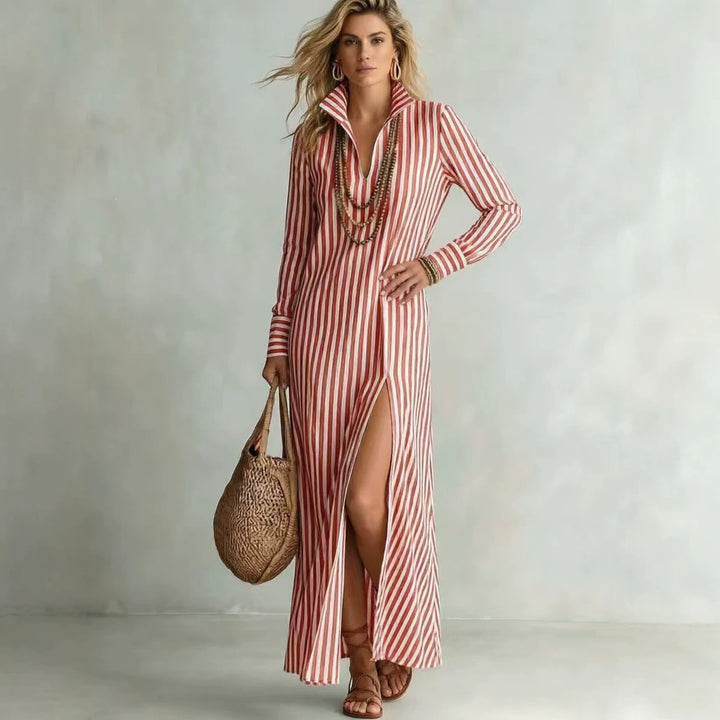 Damen Langes Hemdkleid im Streifen-Look mit Kragen, langen Ärmeln und hohem Beinschlitz Drune