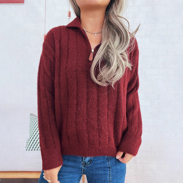 Damen Strickpullover mit kurzer Reißverschlussleiste und Wellenstruktur Drune