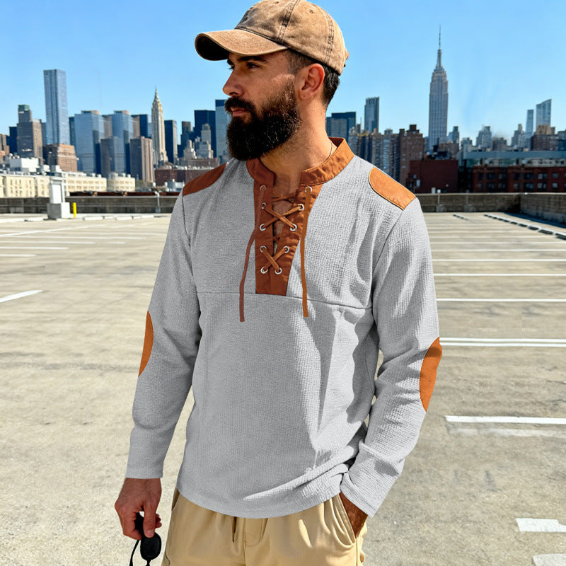 Herren Waffelstrick-Langarmshirt mit Schnürung und Kunstvelours-Ellbogenpatches Drune