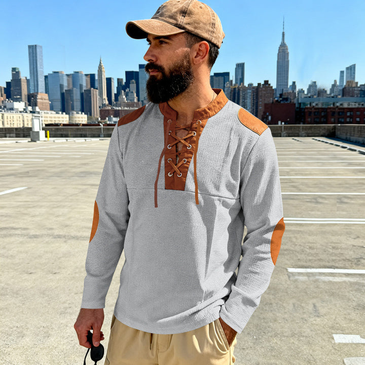 Herren Waffelstrick-Langarmshirt mit Schnürung und Kunstvelours-Ellbogenpatches Drune