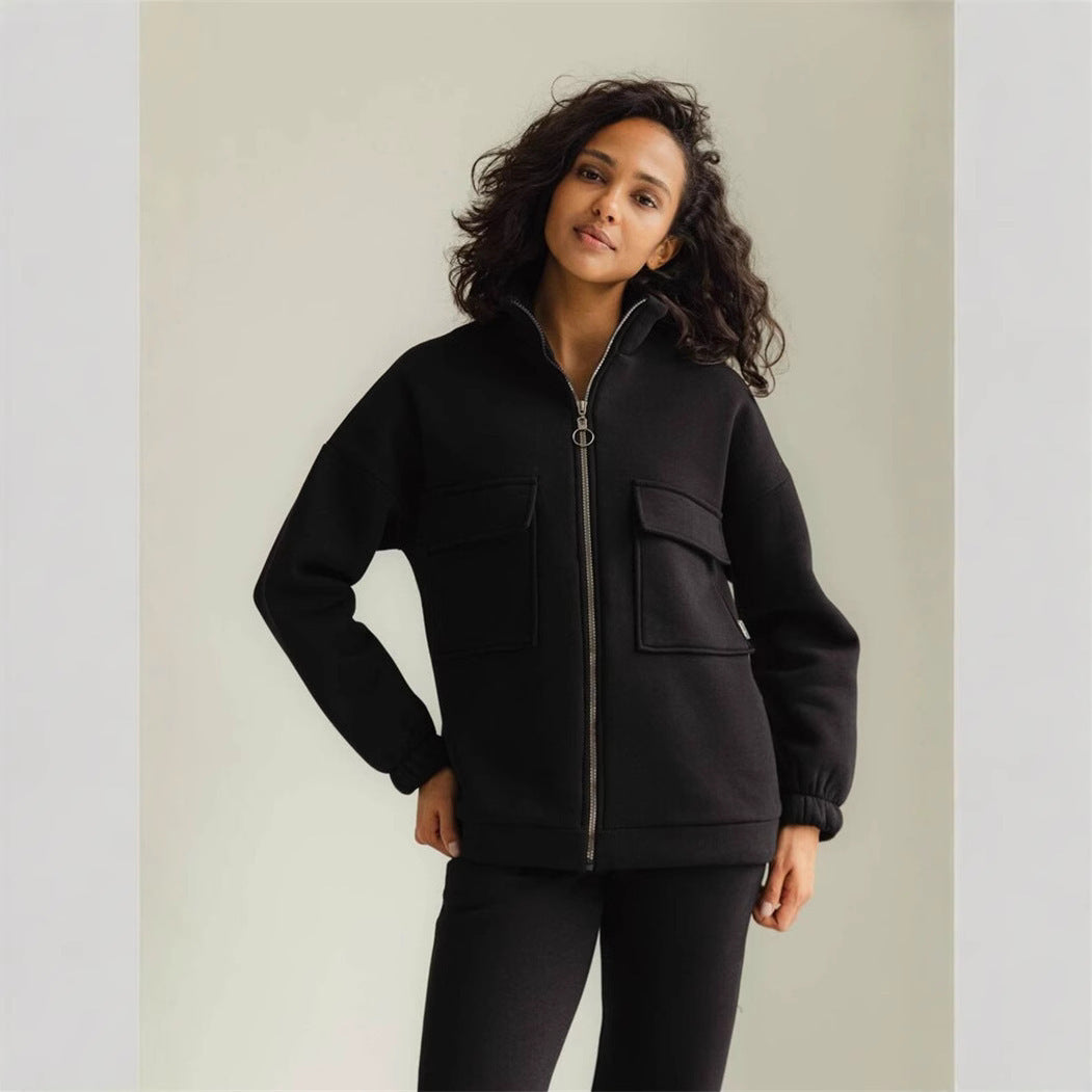 Damen modische Fleecejacke mit hohem Kragen und praktischen Taschen Drune