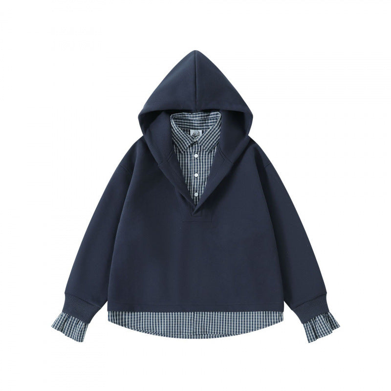 Damen Layering-Hoodie mit eingesetztem Hemdkragen, karierter Saum- und Manschettenoptik Drune