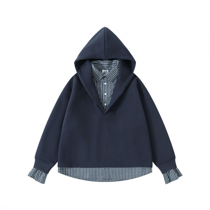 Damen Layering-Hoodie mit eingesetztem Hemdkragen, karierter Saum- und Manschettenoptik Drune