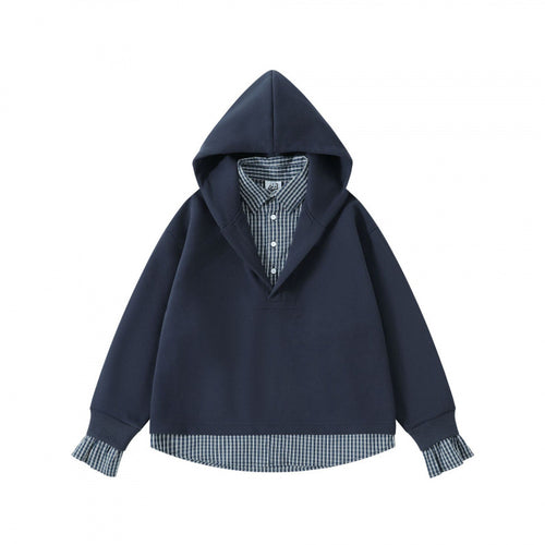 Damen Layering-Hoodie mit eingesetztem Hemdkragen, karierter Saum- und Manschettenoptik Drune