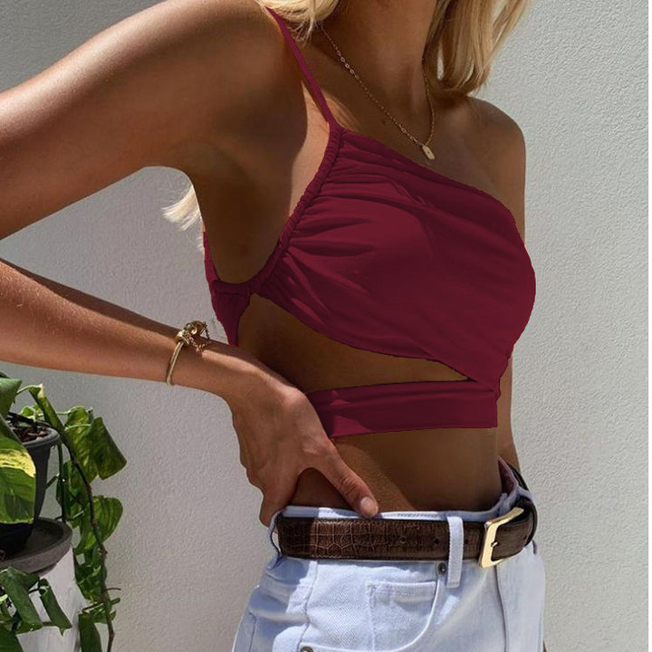 Damen asymmetrisches Crop-Top mit elegantem Wickeldesign Drune