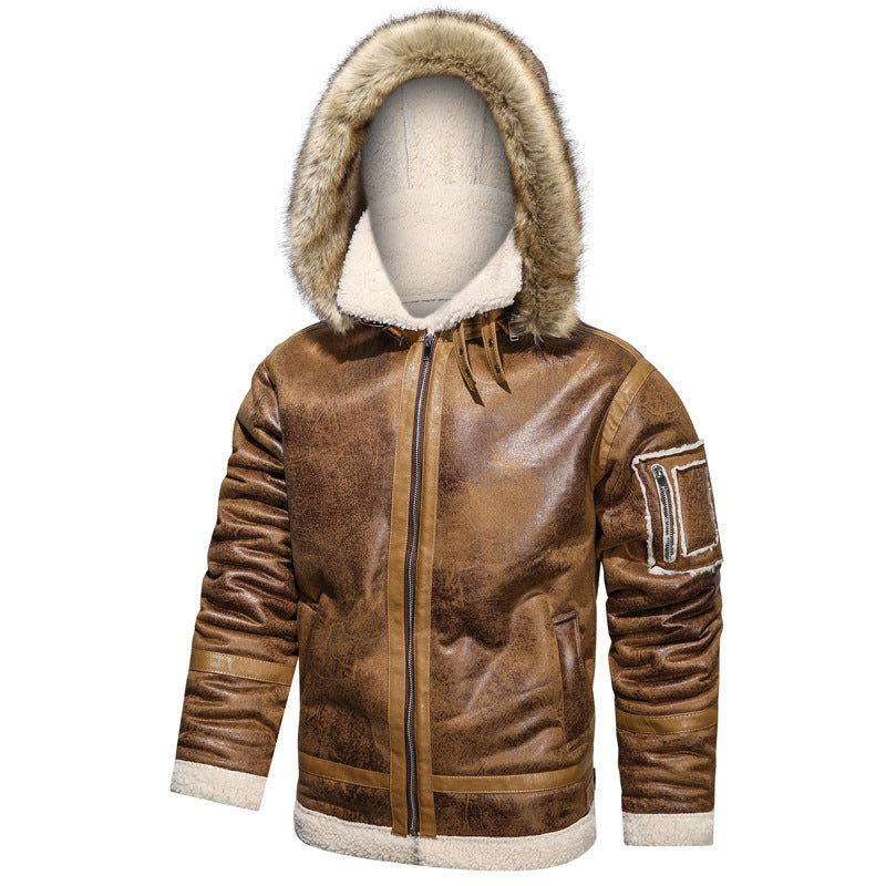 Herren Vintage Lammfell Fliegerjacke mit Kapuze und Teddyfutter Drune