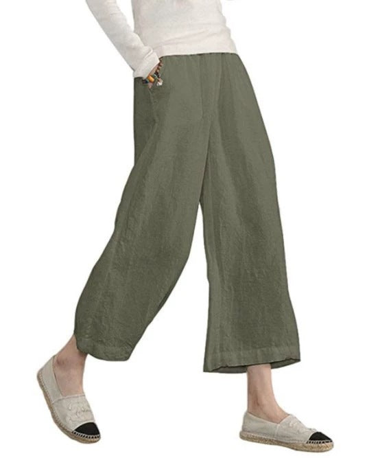 Damen weite Leinenhose mit seitlichen Taschen und elastischem Bund Drune