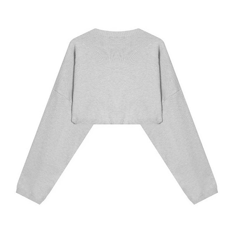 Damen Cropped Strickpullover mit weiten Raglanärmeln und Statement-Schriftzug Drune
