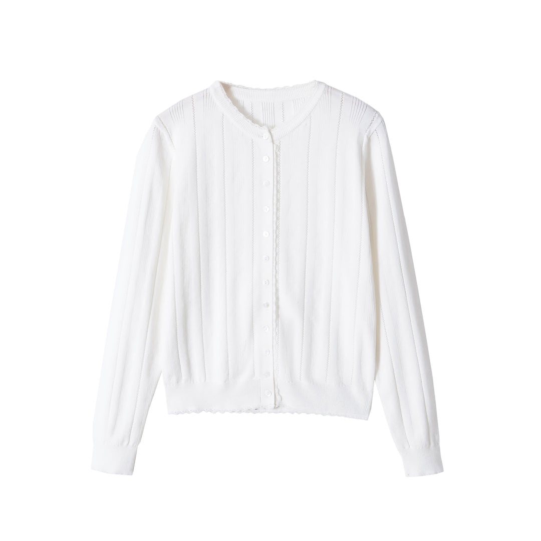 Damen Cropped Feinstrick-Cardigan mit Lochstreifen, Rundhals und Zierknopfleiste Drune