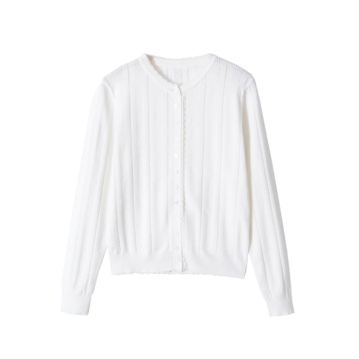 Damen Cropped Feinstrick-Cardigan mit Lochstreifen, Rundhals und Zierknopfleiste Drune