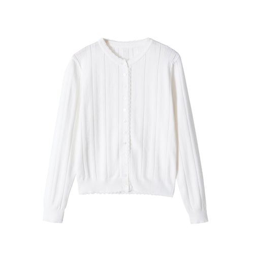 Damen Cropped Feinstrick-Cardigan mit Lochstreifen, Rundhals und Zierknopfleiste Drune