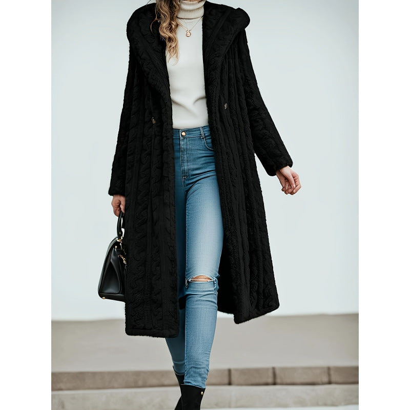 Damen Langer Strickmantel mit hohem Kragen und flauschiger Textur Drune