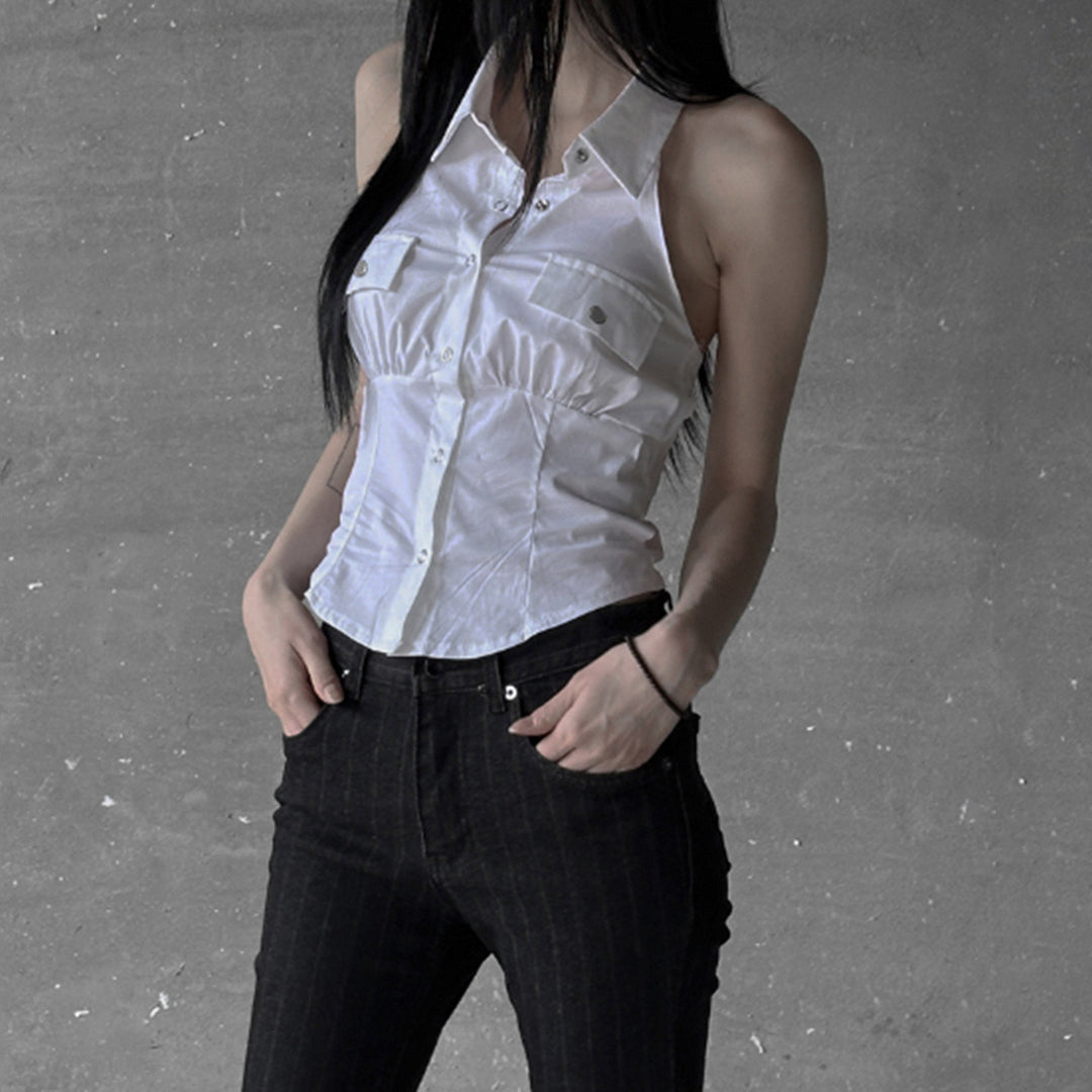 Damen Haltertop mit elegantem Kragen und praktischen Brusttaschen Drune
