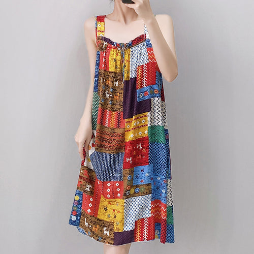 Drune | Boho Patchwork-Ärmelloses Swing-Kleid