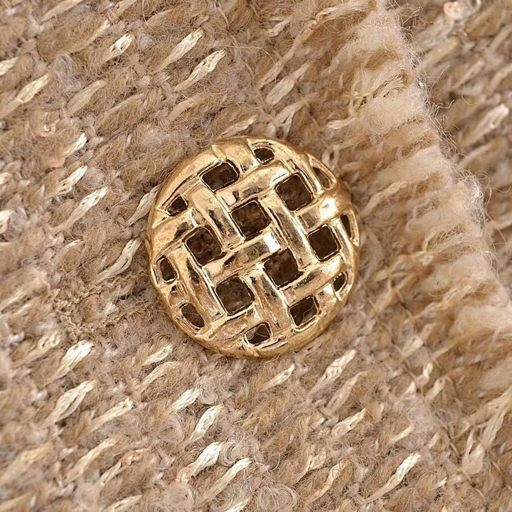 Damen Bouclé-Cropped-Jacke ohne Kragen mit Zierknöpfen und aufgesetzten Taschen Drune