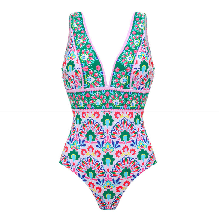 Damen Badeanzug mit durchgehendem floralem Muster und passendem Wickelrock Drune