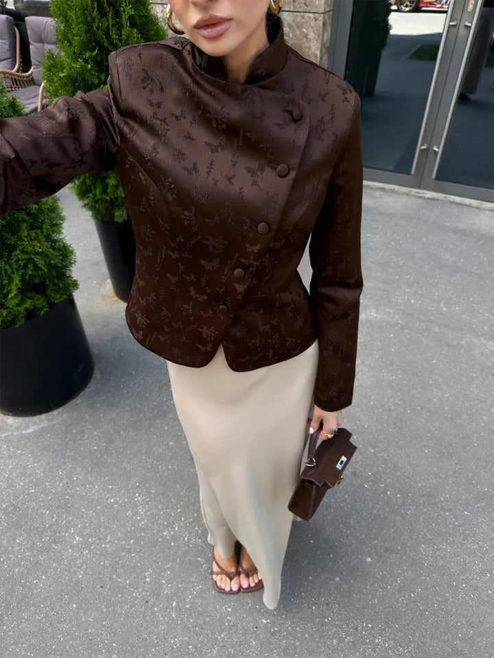 Damen Taillierter Jacquard-Blazer mit überlappendem Revers und dekorativen Knöpfen Drune