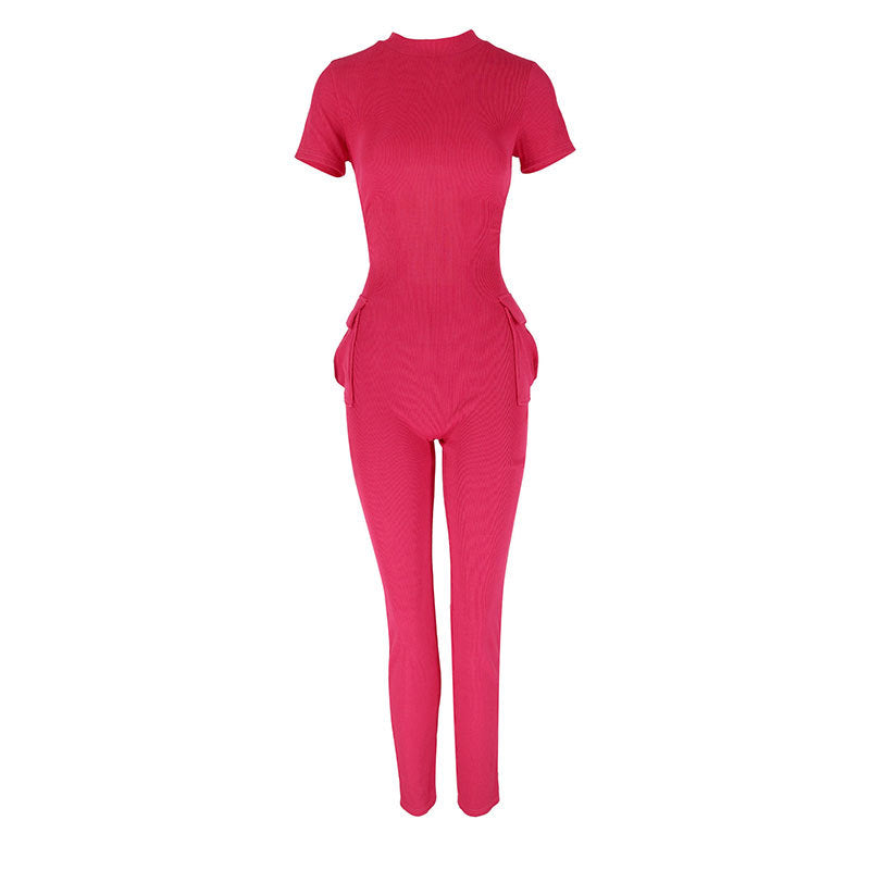 Damen figurbetontes Jumpsuit mit hohem Kragen und Seitentaschen Drune